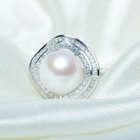 Édesvízi gyöngy Finger Ring, -val Sárgaréz, Kerek, ezüst színű bevonattal, Állítható & a nő & strasszos, fehér, 10-11mm, Által értékesített PC