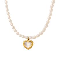Natural Freshwater Pearl Necklace with Titanium Steel & Shell with 2.76inch extender chain Heart fashion jewelry & for woman 5mm 13*12mm Length Approx 14.17 Inch Sold By PC