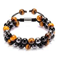 Gemstone Woven Ball Bracelets Tiger Eye with Polyester Cord & Non Magnetic Hematite & Black Agate & Zinc Alloy Round silver color plated Double Layer & Unisex & adjustable Sold By PC