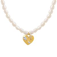 Natural Freshwater Pearl Necklace with 3.15inch extender chain Heart gold color plated fashion jewelry & micro pave cubic zirconia & for woman 12mm 4mm Length Approx 14.57 Inch Sold By PC