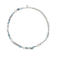 Natural Gemstone Necklace Aquamarine with Freshwater Pearl & Brass silver color plated for woman sea blue Length Approx 42 cm Sold By PC