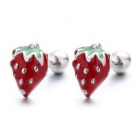 925 Sterling Silver Stud Earrings Strawberry plated & for woman & enamel Sold By Pair