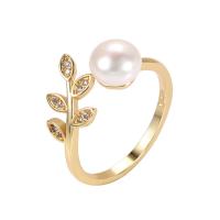 Freshwater Pearl Finger Ring Brass with Freshwater Pearl plated & micro pave cubic zirconia & for woman 17mm Sold By Lot