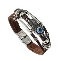 Cowhide Bracelet with 304 Stainless Steel polished three layers & fashion jewelry & Unisex & evil eye pattern & enamel brown 210mm Sold By PC