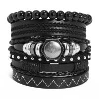 Wrap armband, PU, met Wax & Hout & Copper Coated Plastic & Zinc Alloy, 6 stuks & mode sieraden & voor vrouw, zwart, 125x97mm, Verkocht door Stel