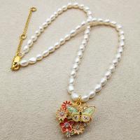 Freshwater Pearl Brass Necklace with Freshwater Pearl gold color plated micro pave cubic zirconia & for woman & enamel white 450mm Sold By PC