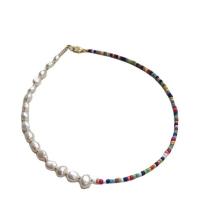 Natural Freshwater Pearl Necklace with Glass Beads & Titanium Steel with 1.97 extender chain 18K gold plated for woman mixed colors Length 14.96 Inch Sold By PC
