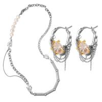 Natural Cultured Freshwater Pearl Jewelry Sets Titanium Steel with Cubic Zirconia & Freshwater Pearl & Brass silver color plated & for woman silver color Sold By PC