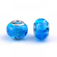Lampwork Perlen European Stil, mit Eisen, flache Runde, silberfarben plattiert, DIY, blau, 9x14mm, ca. 100PCs/Tasche, verkauft von Tasche