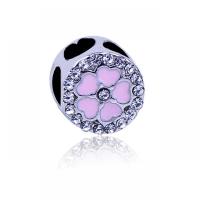 Rhinestone European Beads Zinc Alloy Flat Round silver color plated DIY & enamel & with rhinestone pink nickel lead & cadmium free Approx Sold By Bag
