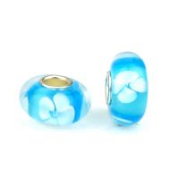 Lampwork Perlen European Stil, mit Eisen, flache Runde, silberfarben plattiert, DIY, blau, 9x14mm, ca. 100PCs/Tasche, verkauft von Tasche