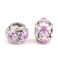 Rhinestone European Beads, Tibetan Style, Flat Round, silver color plated, DIY & enamel & with rhinestone, pink, nickel, lead & cadmium free, 9x14mm, Approx 100PCs/Bag, Sold By Bag