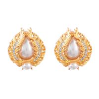 Zinc Alloy Stud Earring with ABS Plastic Pearl gold color plated fashion jewelry & for woman & with rhinestone golden Sold By Pair