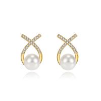 Cubic Zirconia Micro Pave Brass Earring with Plastic Pearl Letter X gold color plated fashion jewelry & micro pave cubic zirconia & for woman golden nickel lead & cadmium free Sold By Pair