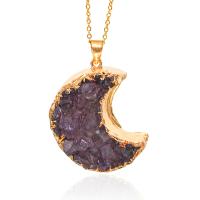 Agate Necklace Ice Quartz Agate with Brass Moon gold color plated Unisex purple Sold By PC