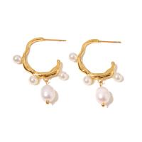 Freshwater Pearl Earrings 304 Stainless Steel with Freshwater Pearl Vacuum Ion Plating fashion jewelry & for woman golden Sold By Pair
