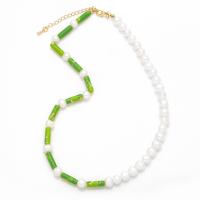 Kunststof parel ketting, Plastic Pearl, met Indruk Jasper & Messing, met 2 extender keten, 18K verguld, voor vrouw, gemengde kleuren, 8x7mm, Lengte 15.7 inch, Verkocht door PC