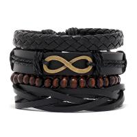 Wrap Bracelet Cowhide with PU Leather & Wood & Zinc Alloy 4 pieces & Adjustable & fashion jewelry & Unisex black 180mm Sold By Set