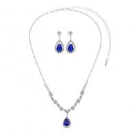 Rhinestone Jewelry Sets earring & necklace with brass claw chain & Crystal Teardrop silver color plated 2 pieces & for woman blue 25mm 28mm Length Approx 62 cm Sold By Set