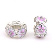 Zinc Alloy European Beads Flower silver color plated DIY & enamel & with rhinestone pink nickel lead & cadmium free Approx Sold By Bag