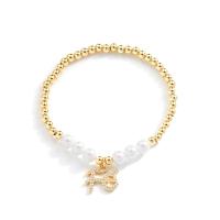 Cubic Zirconia Micro Pave Brass Bracelet with Plastic Pearl 18K gold plated elastic & micro pave cubic zirconia & for woman golden nickel lead & cadmium free Length 7.1 Inch Sold By PC