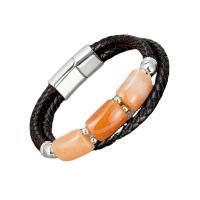 Leather Cord Bracelet with Natural Stone & 304 Stainless Steel handmade Double Layer & braided bracelet & Unisex Length Approx 8.3 Inch Sold By PC