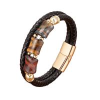Leather Cord Bracelet with Tiger Eye & 304 Stainless Steel handmade Double Layer & braided bracelet & Unisex Length Approx 8.3 Inch Sold By PC