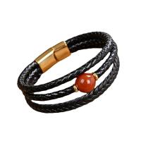 Leather Cord Bracelet with Natural Stone & 304 Stainless Steel handmade three layers & braided bracelet & Unisex Length Approx 8.3 Inch Sold By PC