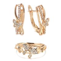 Cubic Zirconia Micro Pave Brass Jewelry Sets finger ring & earring Butterfly rose gold color plated 2 pieces & micro pave cubic zirconia & for woman nickel lead & cadmium free 18mm US Ring Sold By Set