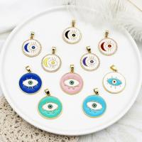 Evil Eye Pendants Brass Flat Round gold color plated & enamel Sold By Lot