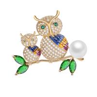 Cubic Zirconia Brooch Brass with Plastic Pearl Owl fashion jewelry & micro pave cubic zirconia & for woman Sold By PC