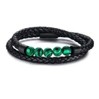 Leather Cord Bracelet with Natural Stone & Titanium Steel handmade braided bracelet & Unisex black Length 21 cm Sold By PC