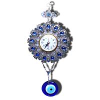 aleación de zinc Reloj de la Pared, con Cristal de murano, chapado en color de plata antigua, Sostenible & patrón de malvado de ojo & con diamantes de imitación, azul, libre de níquel, plomo & cadmio, 18cm,7cm, longitud 42.5 cm, Vendido por UD