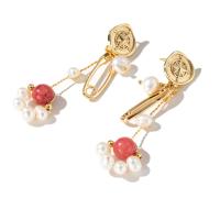 Freshwater Pearl Earrings Brass with Freshwater Pearl & Strawberry Quartz fashion jewelry & for woman 60mm Sold By PC