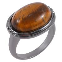 Natural Gemstone Finger Ring Zinc Alloy with Tiger Eye antique silver color plated for man brown nickel lead & cadmium free Inner Approx 19mm Sold By PC