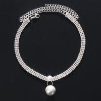Collar de Aleación de Zinc, diamantes de imitación, con Perlas plásticas & aleación de zinc, chapado en color de plata, Joyería & para mujer, longitud aproximado 12-19.6 Inch, Vendido por UD