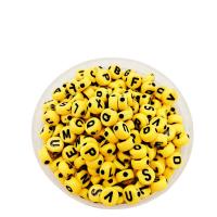 Alphabet Acryl Kralen, Rond plat, DIY, geel, 4x7mm, Ca 3600pC's/Bag, Verkocht door Bag