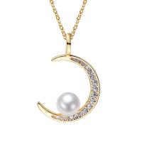 Freshwater Pearl Brass Necklace with Copper Alloy Moon 18K gold plated micro pave cubic zirconia & for woman Length Approx 17.71 Inch Sold By Lot