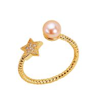 Freshwater Pearl Cuff Finger Ring with Copper Alloy 18K gold plated Adjustable & micro pave cubic zirconia & for woman 5mm Sold By Lot