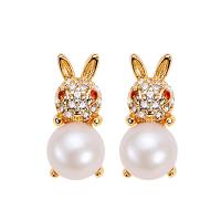 Freshwater Pearl Stud Earring with Brass Rabbit plated micro pave cubic zirconia & for woman Sold By Lot