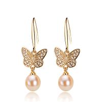 Freshwater Pearl Earrings with Brass Butterfly 18K gold plated micro pave cubic zirconia & for woman Sold By Lot