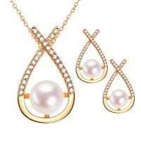 Natural Cultured Freshwater Pearl Jewelry Sets with Brass 18K gold plated & micro pave cubic zirconia & for woman Sold By Lot