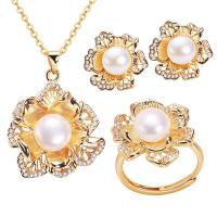 Natural Cultured Freshwater Pearl Jewelry Sets with Brass plated & micro pave cubic zirconia & for woman Sold By Lot