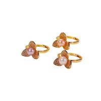 Sárgaréz Mandzsetta Finger Ring, -val Édesvízi gyöngy, arany színű aranyozott, Állítható & különböző stílusokat a választás & mikro egyengetni cirkónia & a nő, 5PC-k/Lot, Által értékesített Lot