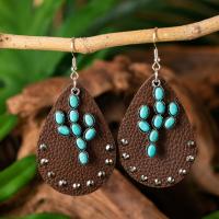 Turquoise Earring Zinc Alloy with turquoise & PU Leather Teardrop silver color plated vintage & for woman Sold By Pair