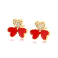 Zinc Alloy Stud Earring Three Leaf Clover gold color plated fashion jewelry & for woman & with rhinestone nickel lead & cadmium free Sold By Pair