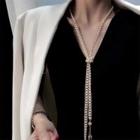 Природных пресноводных жемчужное длинное ожерелье, Пресноводные жемчуги, с Латунь, ювелирные изделия моды & Женский, белый, длина:Приблизительно 120 см, продается PC