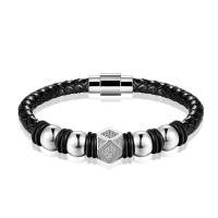 Leather Cord Bracelet with 316L Stainless Steel fashion jewelry & micro pave cubic zirconia & for man Length Approx 7.87 Inch Sold By PC