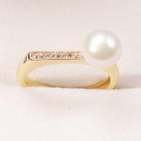 Freshwater Pearl Finger Ring with Brass gold color plated fashion jewelry & for woman & with rhinestone 7-8mm Sold By PC