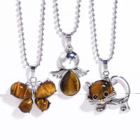 Natural Gemstone Necklace Tiger Eye with Brass with 5cm extender chain silver color plated & for woman Length Approx 42 cm Sold By PC